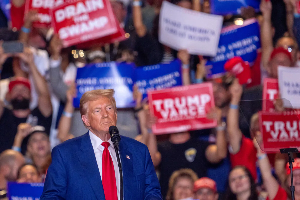 Former President and Republican presidential candidate Donald Trump arrives to speak at a campaign rally in Uniondale, N.Y., on Sept. 18, 2024. (David Dee Delgado/AFP via Getty Images)
