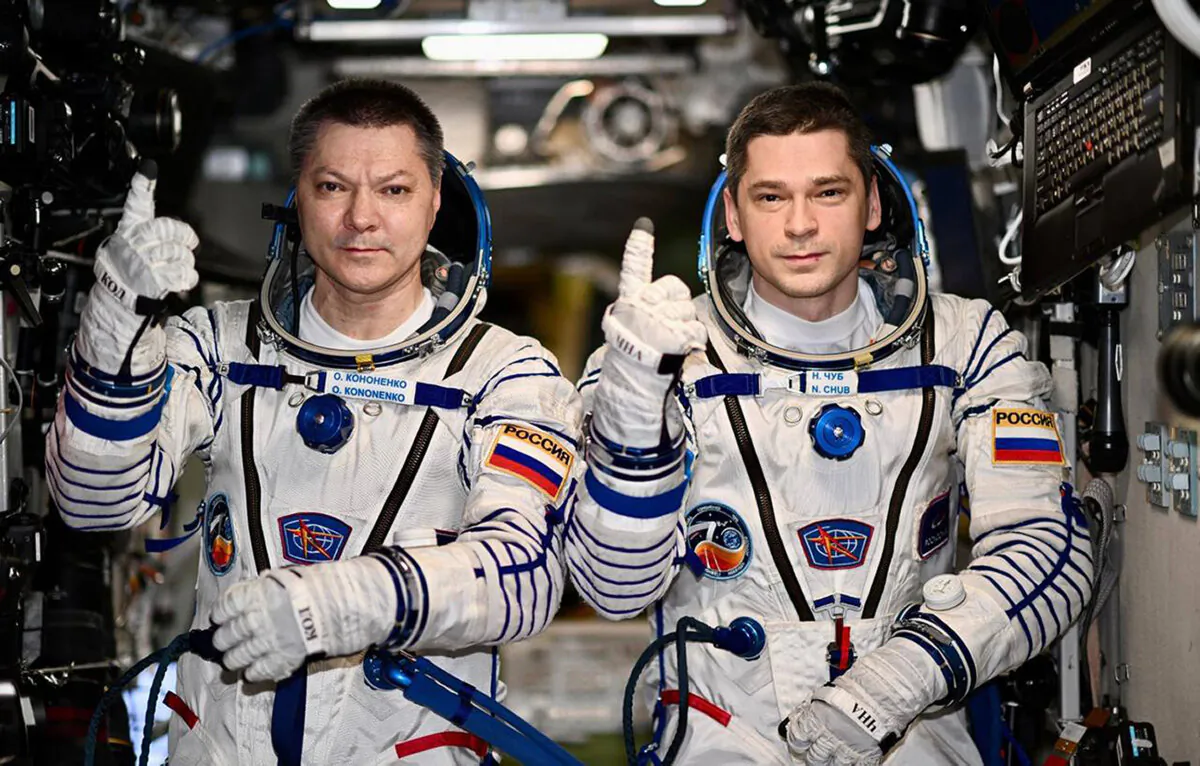 Russians Oleg Kononenko and Nikolai Chub aboard the International Space Station on Sept. 20, 2024. (Roscosmos space corporation via AP)