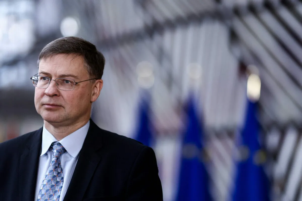European Commission vice-president in charge the Euro, Social Dialogue, Financial Stability, Financial Services and Capital Markets Union Valdis Dombrovskis addresses the press at the EU headquarters in Brussels on Jan.16, 2023. (Kenzo Trobouillard/AFP via Getty Images)