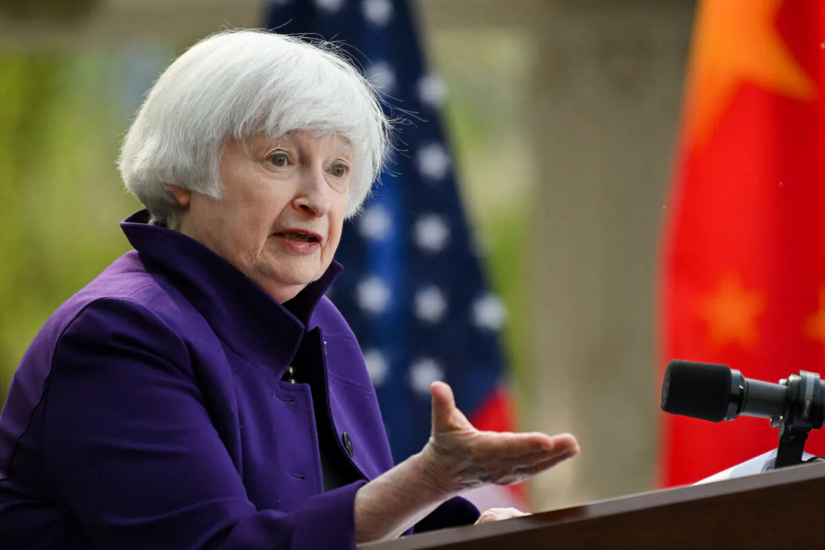 U.S. Treasury Secretary Janet Yellen attends a press conference at the U.S. ambassador's residence in Beijing on April 8, 2024. (Pedro Pardo/AFP via Getty Images)