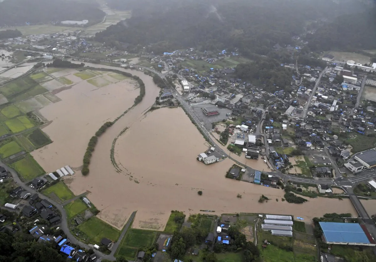 The flooded area after heavy rain in Wajima, Ishikawa prefecture, Japan, on Sept. 21, 2024. (Kyodo News via AP)