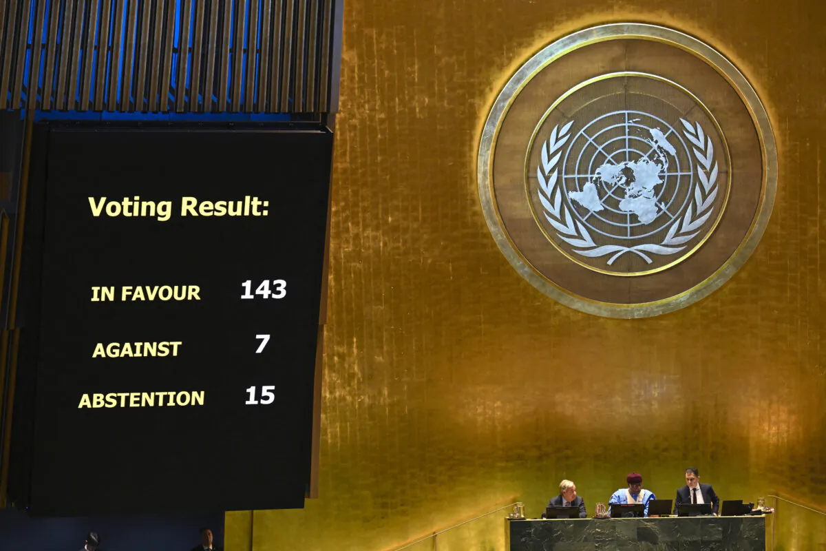 Countries vote on a motion related to the "Pact for the Future" resolution during the "Summit of the Future" on the sidelines of the UN General Assembly at the United Nations Headquarters in New York City, on Sept. 22, 2024. (Angela Weiss/AFP via Getty Images)