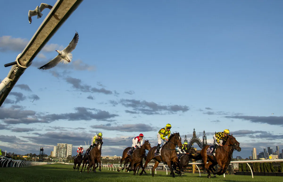 Mark Zahra riding Isthmus (R) winning Race 8, the Melbourne Cup Carnival Welcome - Betting Odds during Melbourne Racing at Flemington Racecourse in Melbourne, Australia, on Sept. 22, 2024. (Vince Caligiuri/Getty Images)