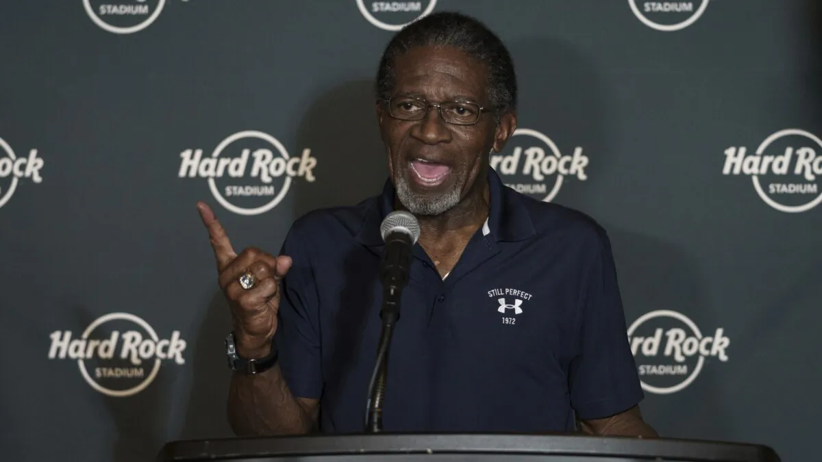 Mercury Morris speaks to reporters before the Celebration of Life ceremony for former Miami Dolphins football head coach Don Shula, at Hard Rock Stadium in Miami Gardens, Fla., on Oct. 2, 2021. (Bryan Cereijo/AP Photo)