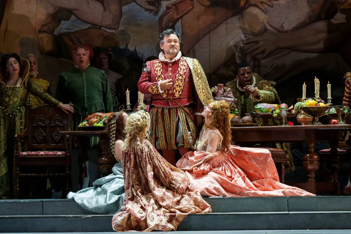 Javier Camarena as Duke of Mantua and the company of “Rigoletto.” (Todd Rosenberg)