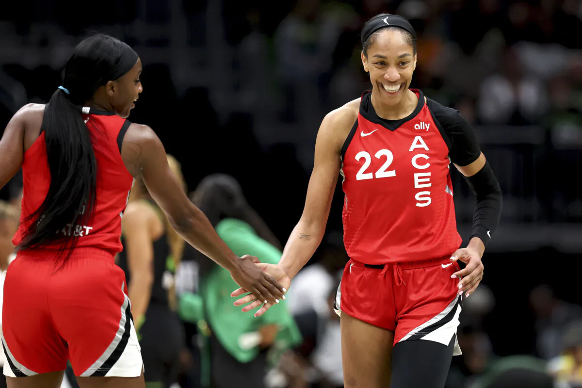 A'ja Wilson #22 of the Las Vegas Aces reacts during the first quarter against the Seattle Storm at Climate Pledge Arena in Seattle on Sept. 17, 2024. (Steph Chambers/Getty Images)