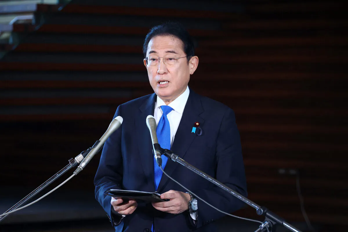 Japanese Prime Minister Fumio Kishida speaks to the media at the prime minister's office after a telephone conversation with International Atomic Energy Agency Director-General Rafael Grossi, in Tokyo on Sept. 20, 2024. (STR/JIJI Press/AFP via Getty Images)