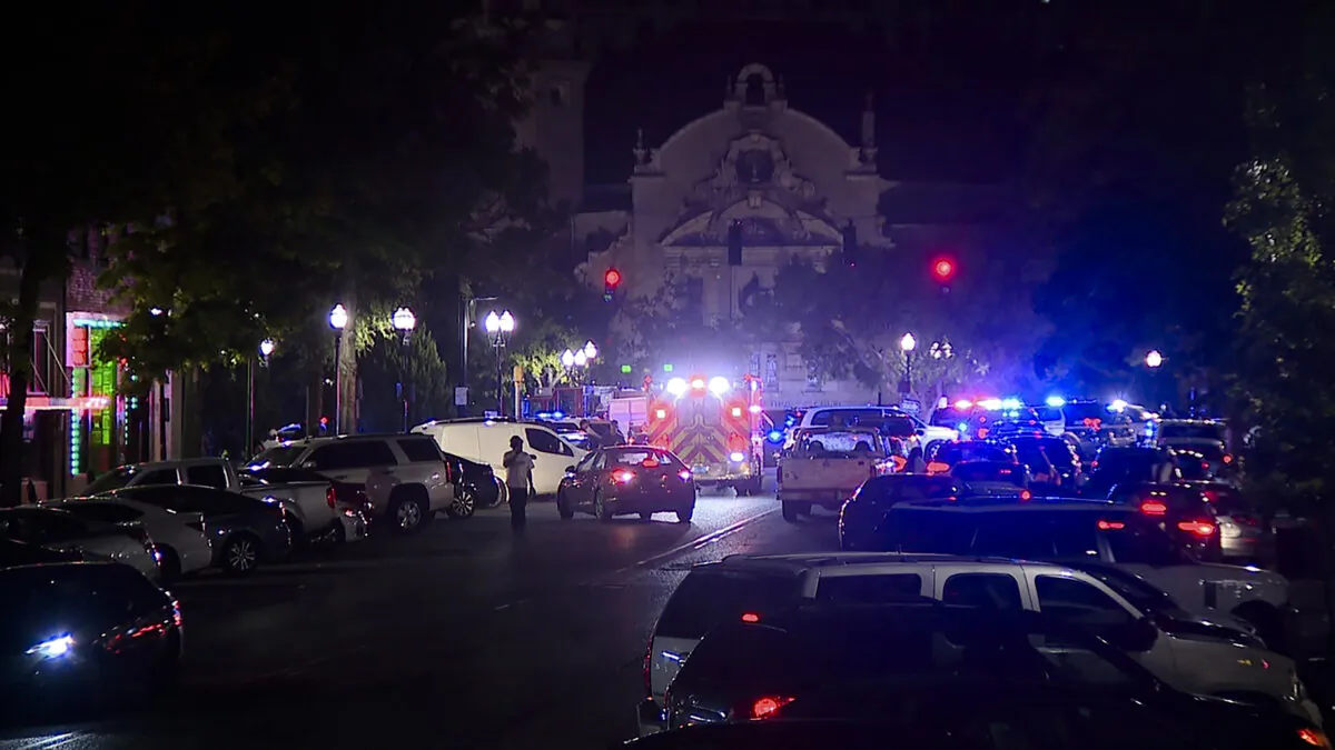 Police and emergency vehicles in the entertainment district after a shooting in Birmingham, Ala., on Sept. 22, 2024. (Bill Castle/WBMA via AP)