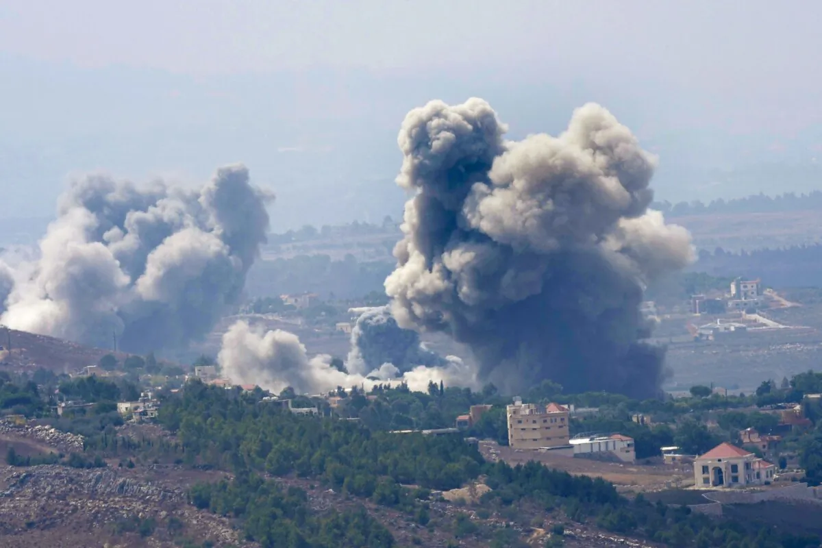 Smoke rises from Israeli airstrikes on villages in the Nabatiyeh district, seen from the southern town of Marjayoun, Lebanon, on Sept. 23, 2024. (Hussein Malla/AP Photo)