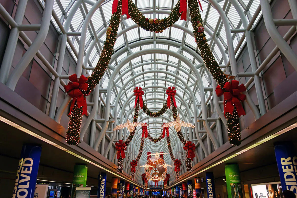 Christmas lights and decorations are on display inside an O'Hare International Airport terminal in Chicago. (Bruce Whittingham/Dreamstime/TNS)