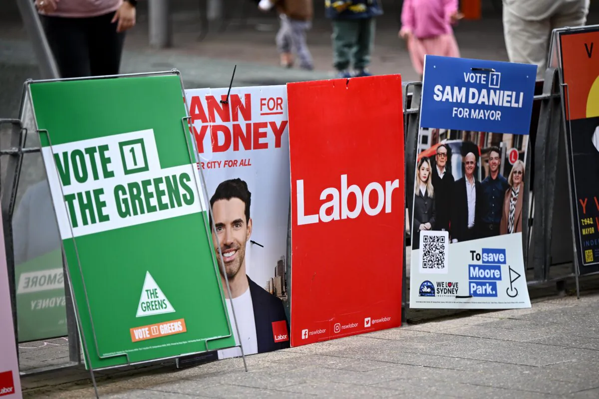 Candidate placards for council elections at a pre polling booth at Kings Cross in Sydney, Australia on Sept. 12, 2024. (AAP Image/Bianca De Marchi)