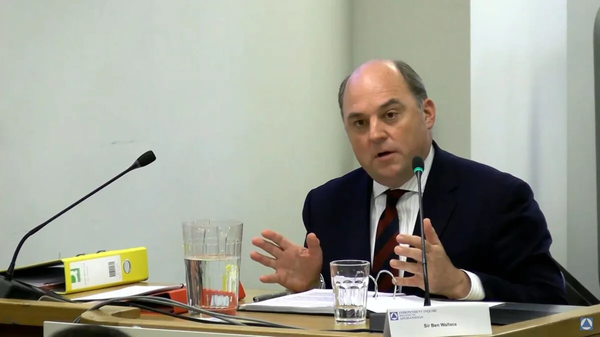 Screengrab taken from the Independent Inquiry Relating to Afghanistan of former Defence Secretary Sir Ben Wallace giving evidence to the inquiry at the Royal Courts of Justice in central London on Sept. 23, 2024. (PA)
