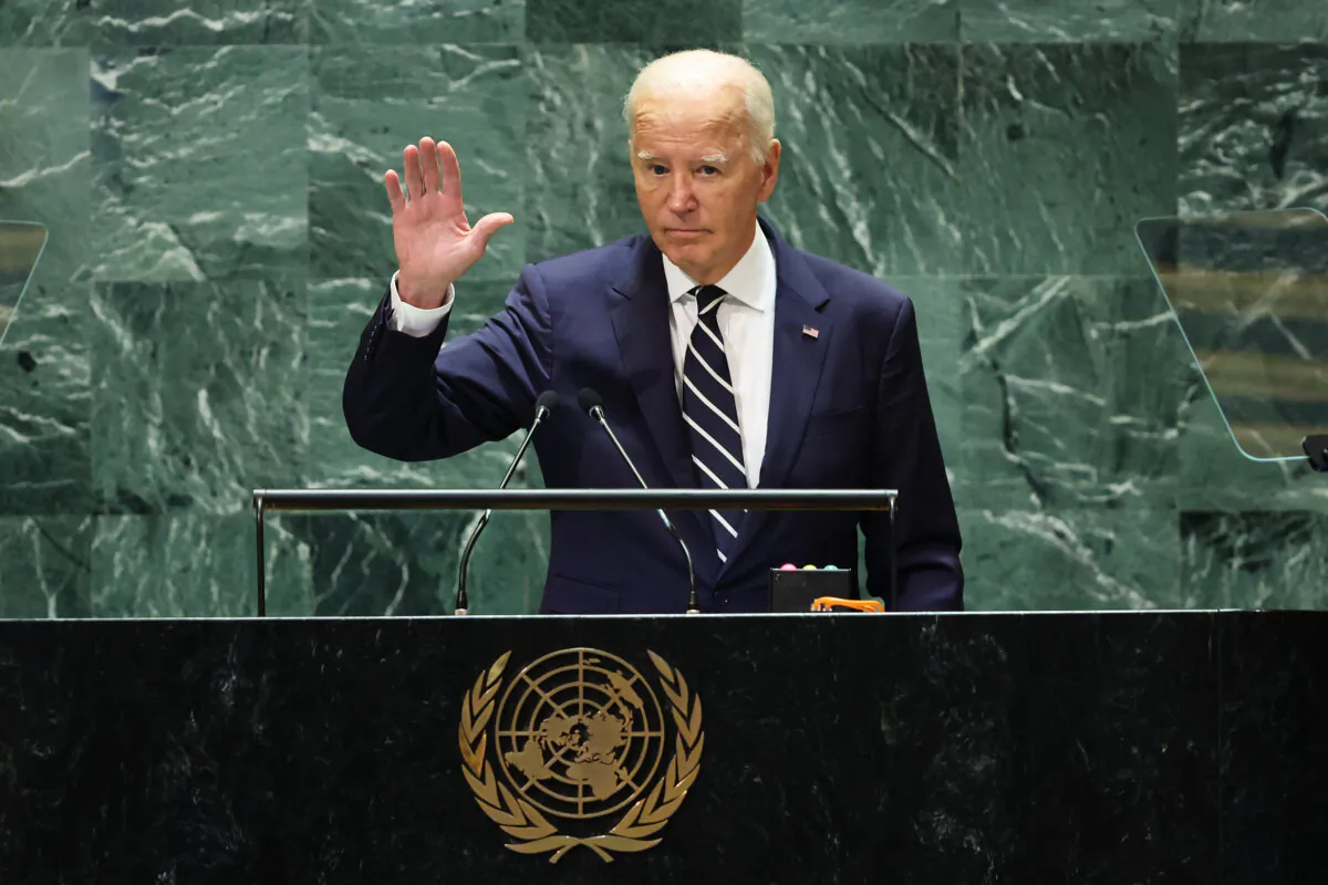 President Joe Biden waves as he leaves the stage during the U.N. General Assembly at the U.N. headquarters in New York City on Sept. 24, 2024. (Michael Santiago/Getty Images)