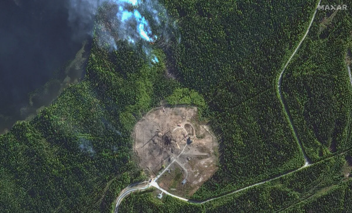 A satellite overview of a launch site after the launch failure of a Russian RS-28 Sarmat intercontinental ballistic missile, according to arms experts, at the Plesetsk Cosmodrome in northern Russia, on Sept. 21, 2024. (Maxar Technologies/Handout via Reuters)