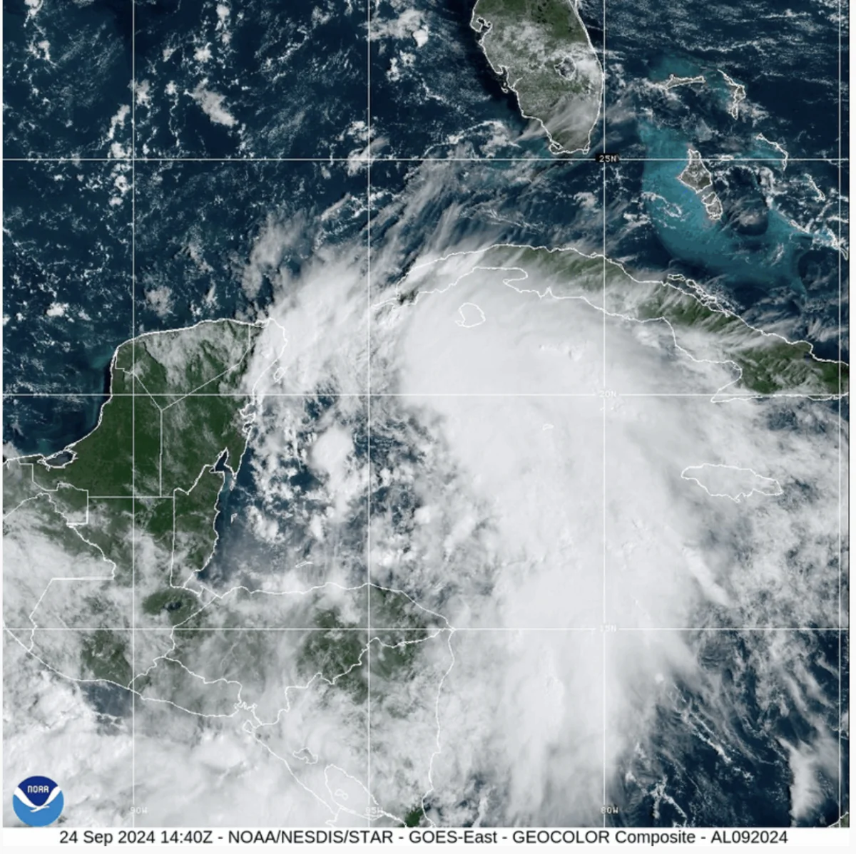 Satellite image of Tropical Storm Helen as it makes its way towards Florida as of 11:40 a.m. (ET) on Sept. 24, 2024 (Screenshot/NOAA/NESDIS/STAR-GOES East).