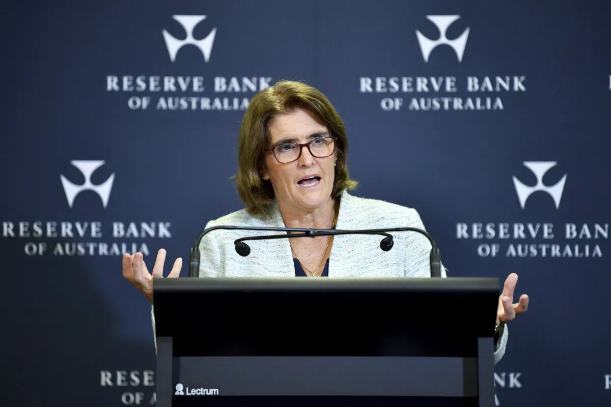 Governor of the Reserve Bank of Australia (RBA) Michele Bullock speaks to the media during a press conference in Sydney, Australia, on Feb. 6, 2024. (AAP Image/Bianca De Marchi)