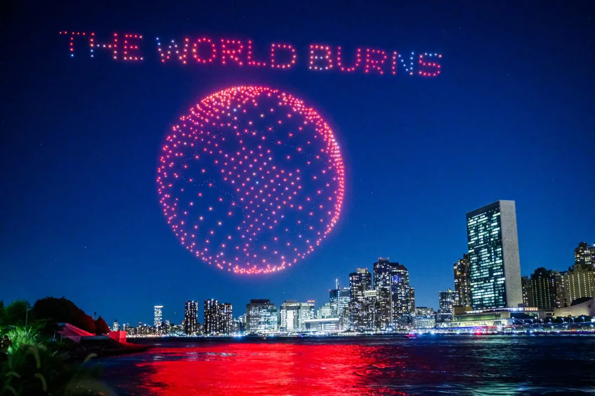 A light display created using drones is performed near the U.N. headquarters ahead of the 78th U.N. General Assembly in New York City on Sept. 15, 2023. (Ed Jones/AFP via Getty Images)
