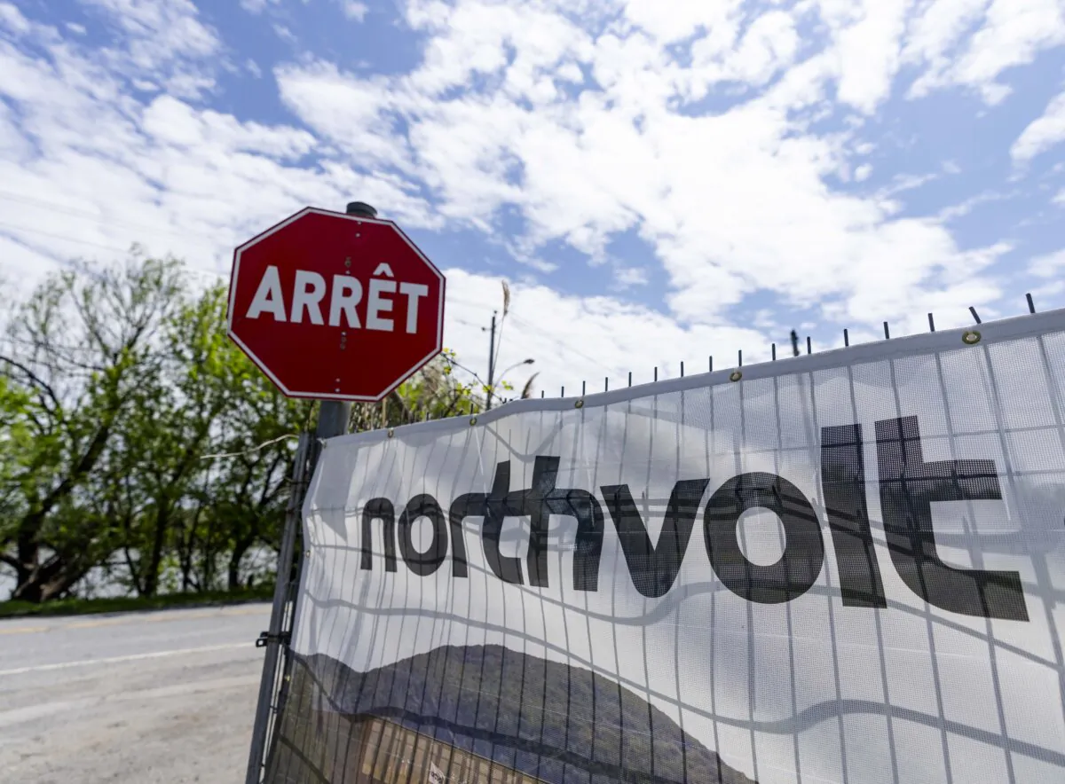 The entrance to Northvolt, the new EV battery plant being built by the Swedish manufacturer in Saint-Basile-le-Grand, east of Montreal, Que., on May 16, 2024. (Christinne Muschi/The Canadian Press)