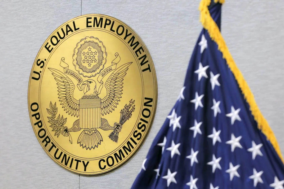 The seal of the U.S. Equal Employment Opportunity Commission at its headquarters in Washington on May 14, 2021. (Andrew Kelly/Reuters)