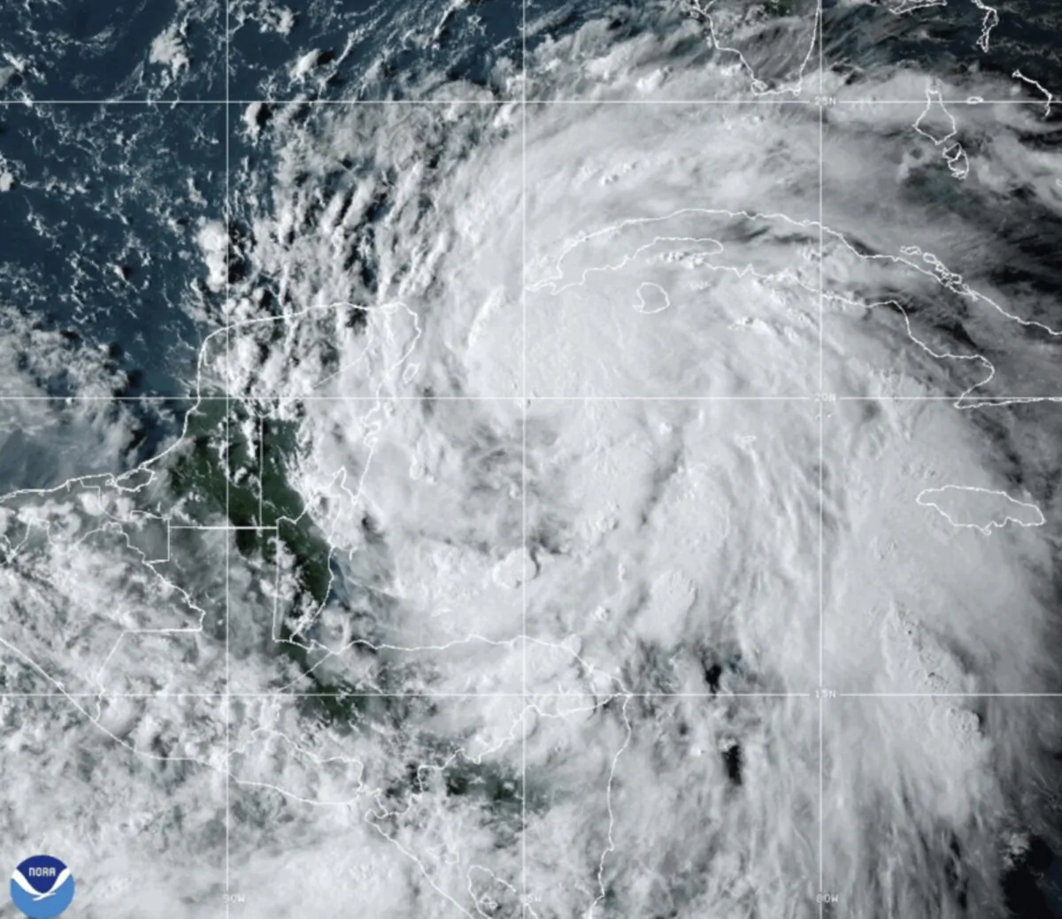 This National Oceanic and Atmospheric Administration satellite image taken at 6:10pm ET shows Tropical Storm Helene off the Gulf Coast of Florida near Mexico and Cuba on Sept. 24, 2024. (NOAA via AP)