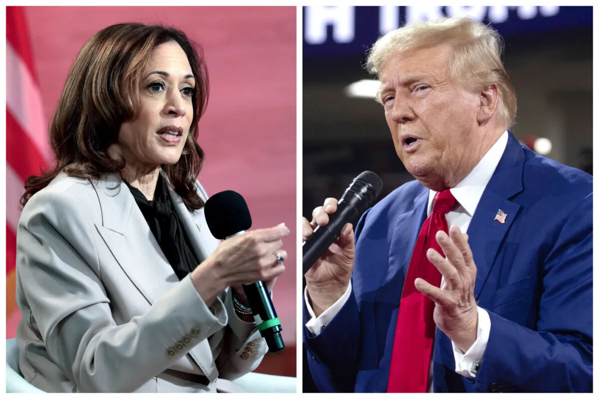 (Left) Vice President Kamala Harris in Philadelphia on Sept. 17, 2024. (Right) Former President Donald Trump holds a campaign event in Flint, Mich., on Sept. 17, 2024. (Win McNamee, Scott Olson/Getty Images)