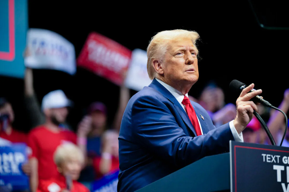 Republican Presidential candidate, former President Donald Trump speaks to attendees during a campaign rally at the Johnny Mercer Theatre in Savannah, Ga., on Sept. 24, 2024. (Brandon Bell/Getty Images)
