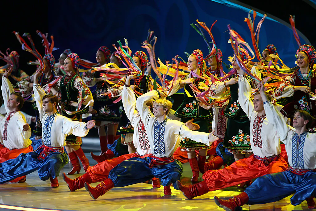 The Pavlo Virsky Ukrainian National Folk Dance Ensemble performs at the UEFA EURO 2012 Final Draw Ceremony in Kyiv, Ukraine, on Dec. 2, 2011.(Julian Finney/Getty Images)