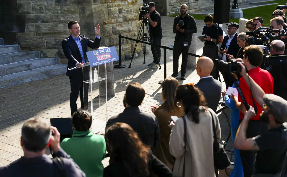 Conservative Leader Pierre Poilievre holds a press conference on Parliament Hill in Ottawa on Sept. 11, 2024. (THE CANADIAN PRESS/Sean Kilpatrick)