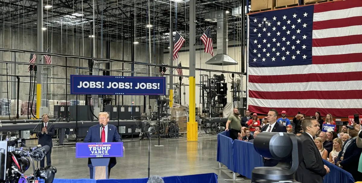Republican presidential nominee and former President Donald Trump campaigns at a factory in Mint Hill, N.C., on Sept. 25, 2024. (Arjun Singh/The Epoch Times)