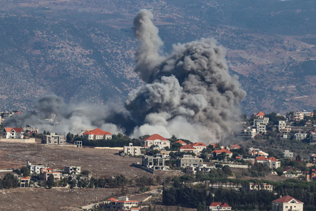 Smoke rises from the site of an Israeli airstrike that targeted the southern Lebanese village of Khiam on Sept. 25, 2024. (Rabih Daher/AFP via Getty Images)