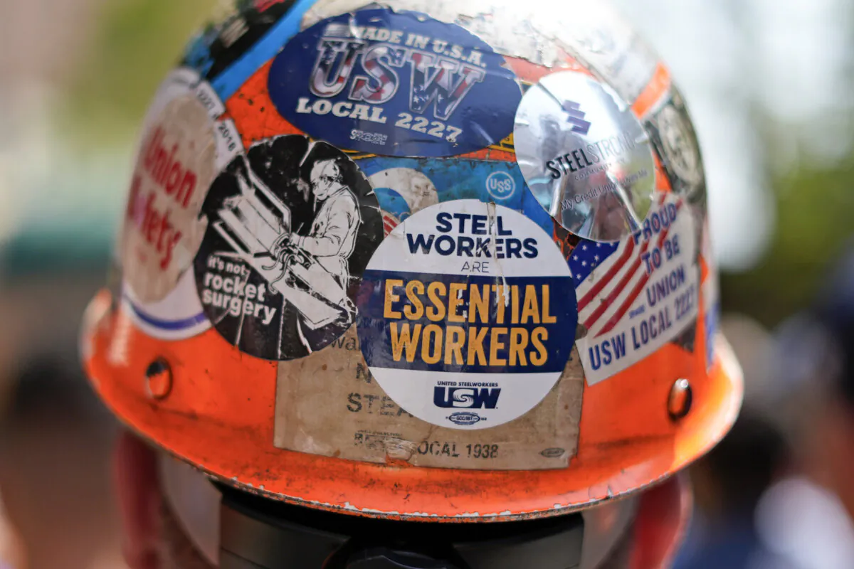 U.S. Steel employees rally outside the United Steel Tower in downtown Pittsburgh on Sept. 4, 2024. (Gene J. Puskar/AP Photo)