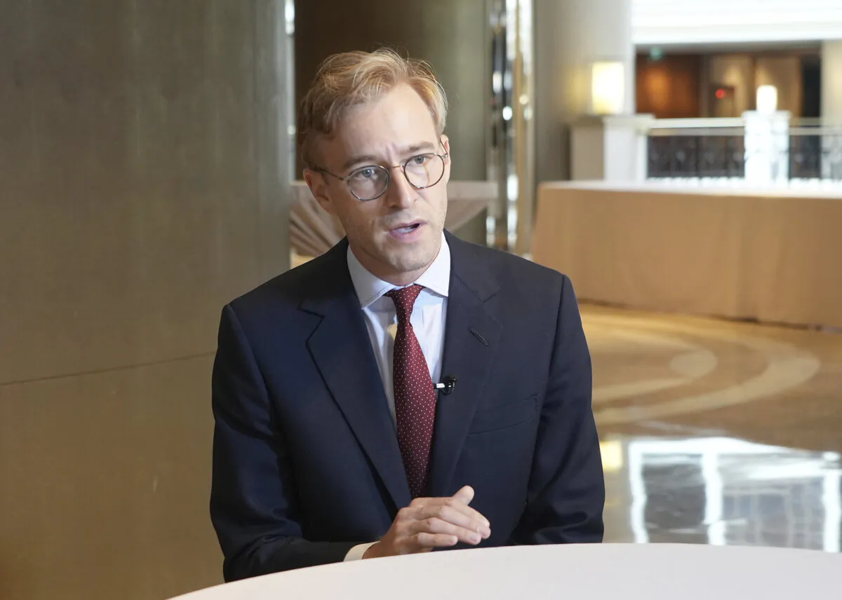 Luke de Pulford, executive director of the Inter-Parliamentary Alliance on China, speaks during an interview in Taipei, Taiwan, on July 27, 2024. (AP Photo/Chiang Ying-ying)