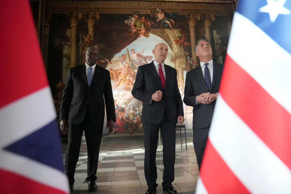 UK Defence Secretary John Healey (C), US Secretary of Defense Lloyd Austin (L), and Australian Defence Minister Richard Marles ahead of the AUKUS Defence Ministers Meeting at Old Royal Naval College in London, England on Sept. 26, 2024. (Kin Cheung - WPA Pool/Getty Images)