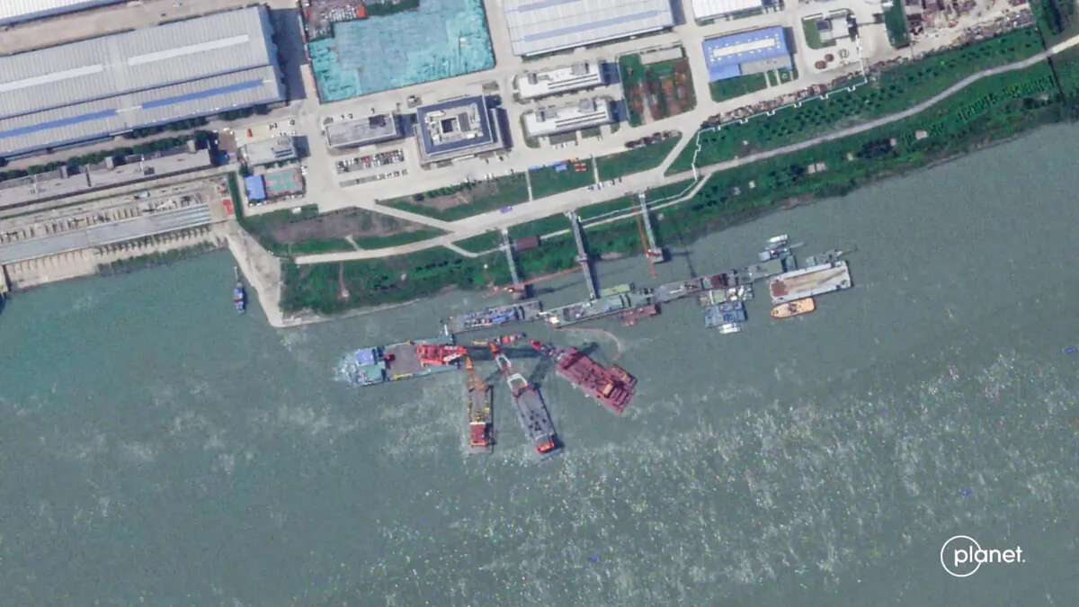 A satellite image appears to show cranes at the Wuchang shipyard in Wuhan Shi, China, on June 15, 2024.    (Planet Labs Inc./Handout via Reuters)