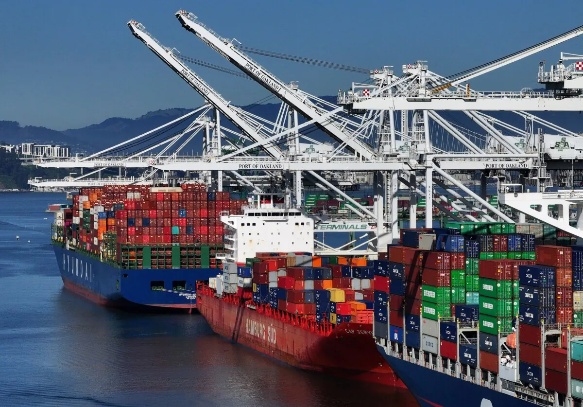 Shipping cranes made by Chinese-owned manufacturer Zhenhua Heavy Industries Company (ZPMC) stand at the Port of Oakland, in Calif., on March 8, 2024. (Justin Sullivan/Getty Images)
