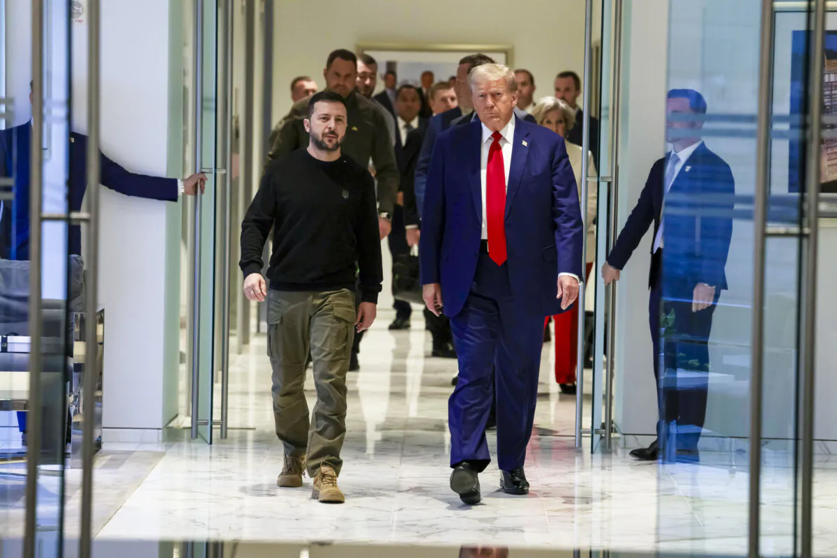 Ukrainian President Volodymyr Zelenskyy and former U.S. President Donald Trump, the Republican presidential nominee, gather for a meeting in New York City on Sept. 27, 2024. (Alex Kent/Getty Images)
