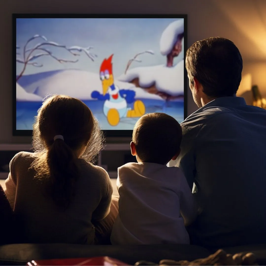 A family watching a cartoon on the Sherwood Kids streaming platform, meant to provide wholesome, educational entertainment for children. (Courtesy of Sherwood Kids)