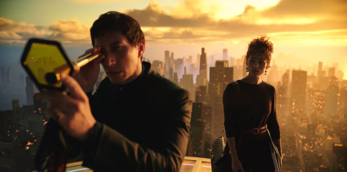 A scene with Adam Driver and Nathalie Emmanuel from "Megalopolis," directed by Francis Ford Coppola. (Lionsgate)