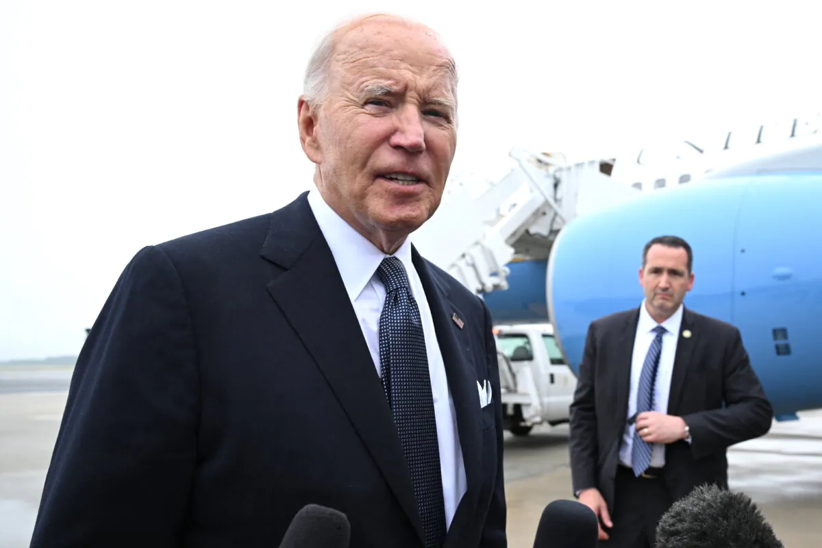 President Joe Biden speaks with reporters One upon arrival at Dover Air Force Base in Dover, Del., on Sept. 27, 2024. (Saul Loeb/AFP via Getty Images)