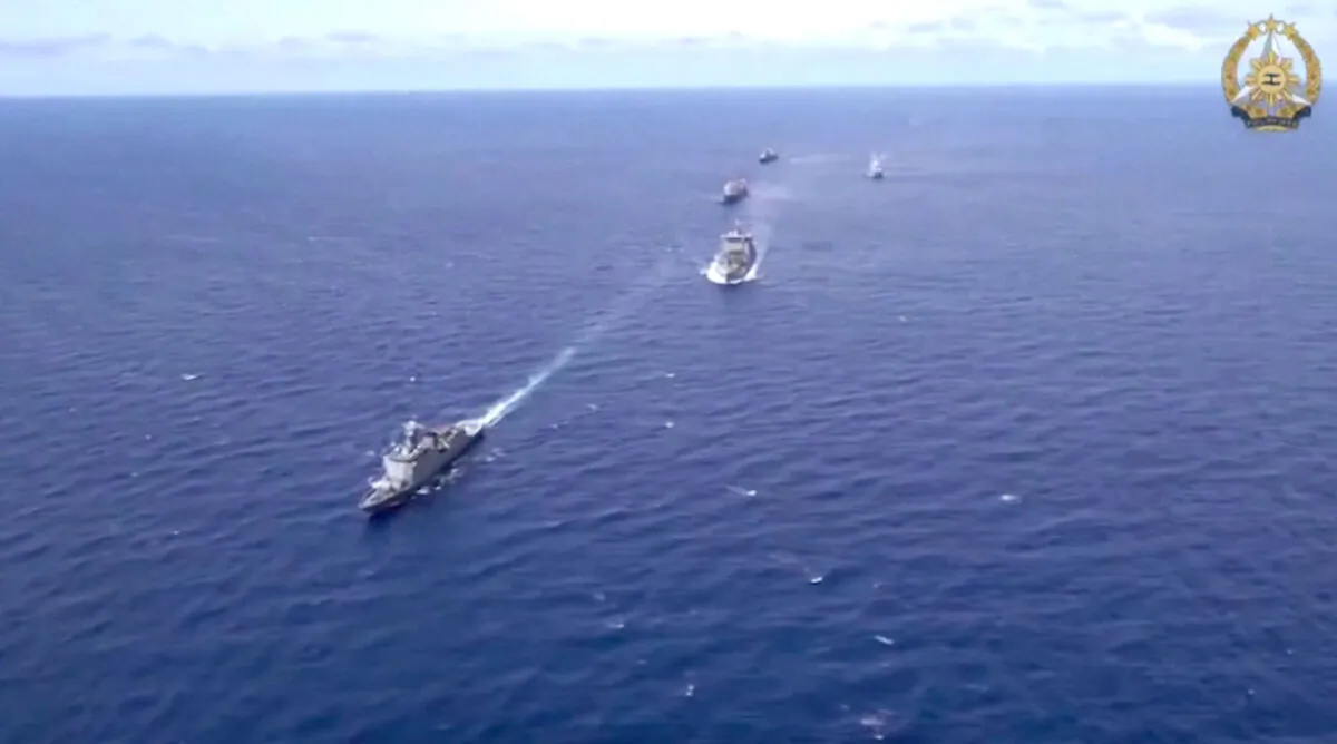 Naval ships of the Philippines, the United States, Australia, Japan, and New Zealand take part in joint exercises in the South China Sea on Sept. 29, 2024. (Armed Forces of the Philippines via Reuters/Screenshot via The Epoch Times)