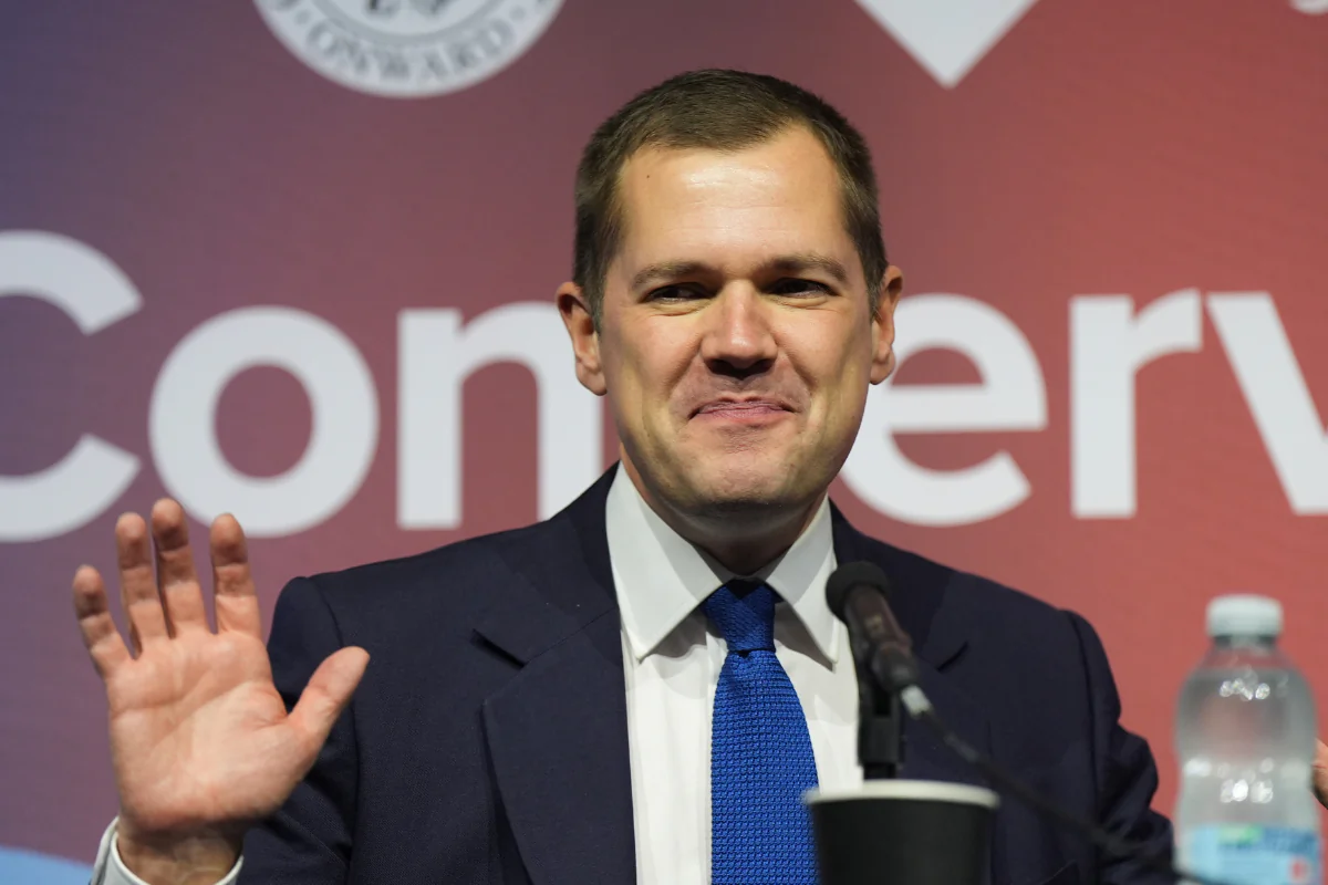 Leadership contender Robert Jenrick speaking at a fringe event during the Conservative Party Conference at the International Convention Centre in Birmingham, England, on Sept. 30, 2024.
(Jacob King/PA Wire)
