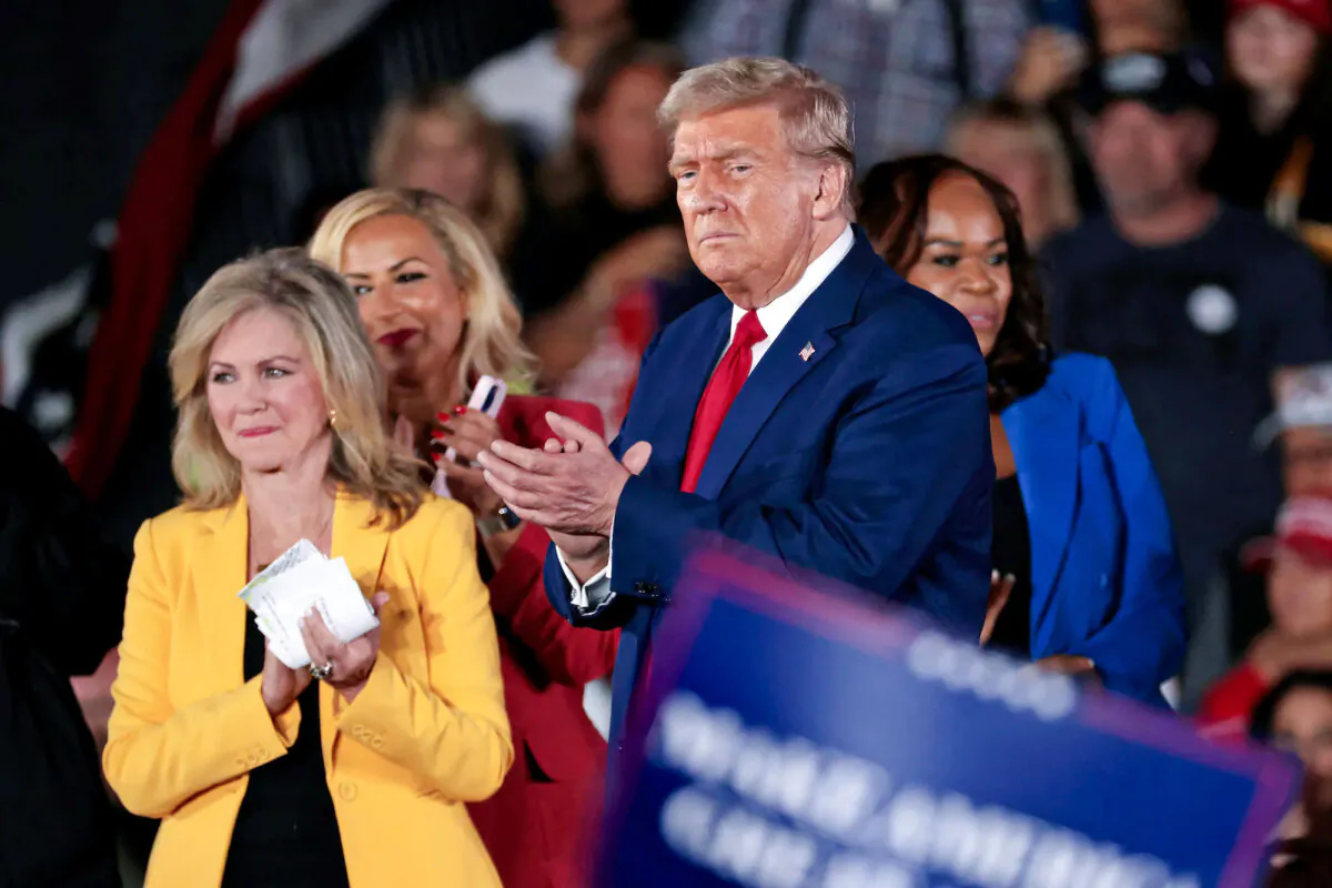 Former President and Republican presidential candidate Donald Trump attends a town hall event with Sen. Marsha Blackburn (L) (R-Tenn.) at Macomb Community College in Warren, Mich., on Sept. 27, 2024. (Jeff Kowalsky / AFP via Getty)