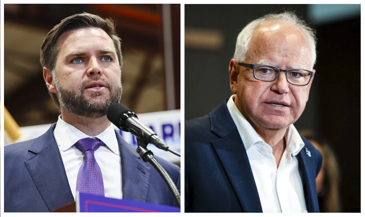 (Left) Republican vice presidential candidate Sen. JD Vance (R-Ohio). (Right) Democratic
vice presidential candidate Minnesota Gov. Tim Walz. (Adam Bettcher/Stephen
Maturen/Getty Images)