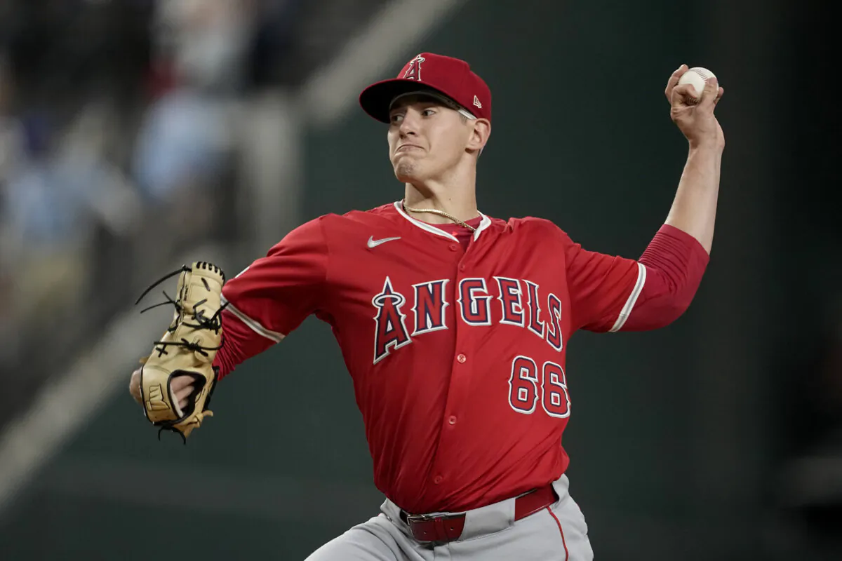 Los Angeles Angels starting pitcher Samuel Aldegheri throws to the Texas Rangers in the first inning of a baseball game in Arlington, Texas on Sept. 6, 2024. (Tony Gutierrez/AP Photo)