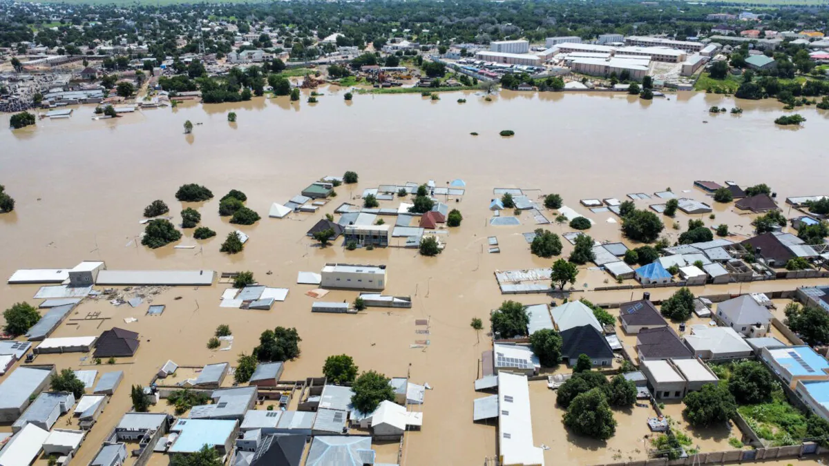 Houses are partially submerged following a dam collapse in Maiduguri, Nigeria, on Sept 10, 2024. (Musa Ajit Borno/AP Photos)