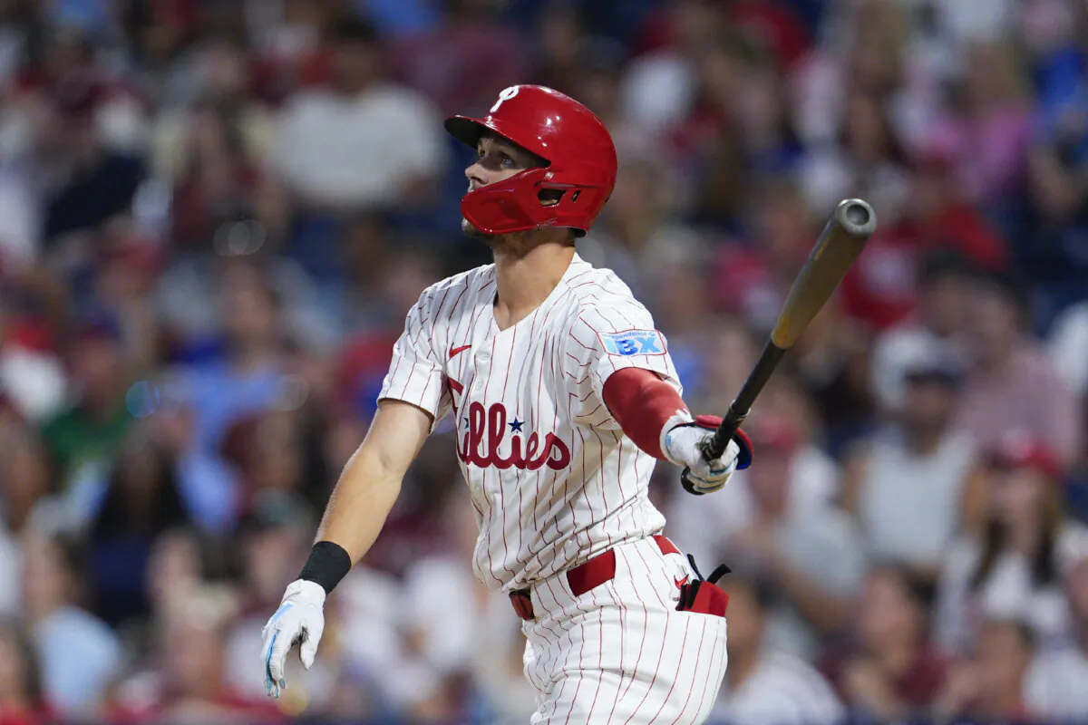 Philadelphia Phillies' Trea Turner watches his two-run home run off Tampa Bay Rays' Taj Bradley during the third inning of a baseball game, in Philadelphia on Sept. 10, 2024. (Derik Hamilton/AP Photo)