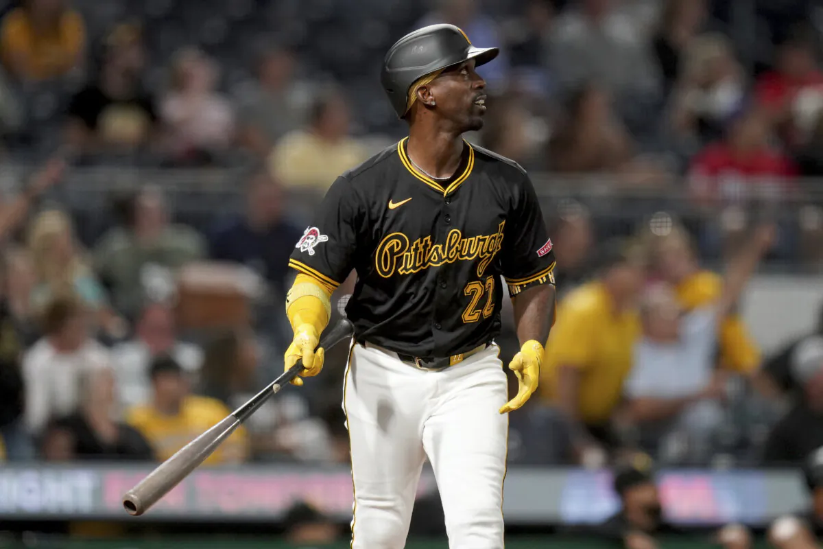 Pittsburgh Pirates' Andrew McCutchen watches his three-run home run during the fifth inning of a baseball game against the Miami Marlins, in Pittsburgh on Sept. 10, 2024. (Matt Freed/AP Photo)