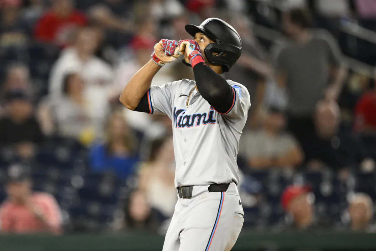 Miami Marlins' Otto Lopez celebrates after his home run during the fourth inning of a baseball game against the Washington Nationals in Washington, on Sept. 13, 2024. (Nick Wass/AP Photo)