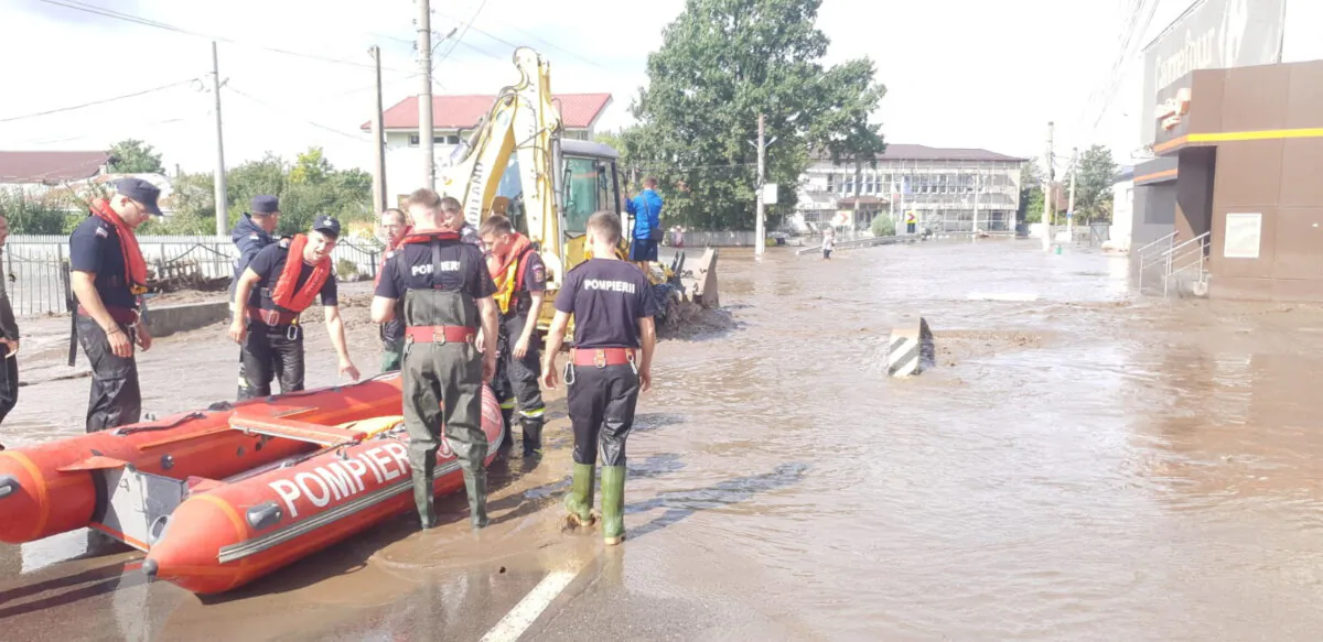 Firefighters operate in an area, after heavy rain triggered flooding in Pechea, Galati country, Romania September 14, 2024. (Galati Inspectorate for Emergency Situations/Handout via Reuters)