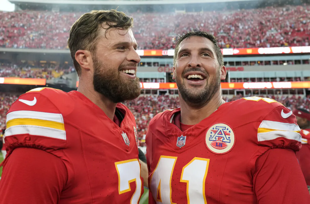 Kansas City Chiefs place kicker Harrison Butker (7) and long snapper James Winchester (41) celebrate after defeating the Cincinnati Bengals at GEHA Field at Arrowhead Stadium in Kansas City, Mo., on Sep 15, 2024. (Jay Biggerstaff/Imagn Images via Reuters)